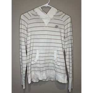 Nike Hoodie Womens M White Striped Pullover Kangaroo Pocket Lightweight